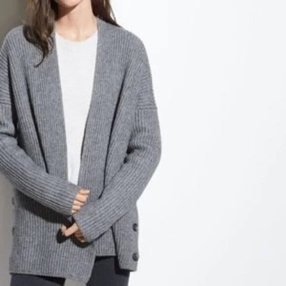 💕VINCE💕 Ribbed Side Buttoned Open Cardigan Sweater ~ Grey Wool Yak Small NWOT - Picture 3 of 16